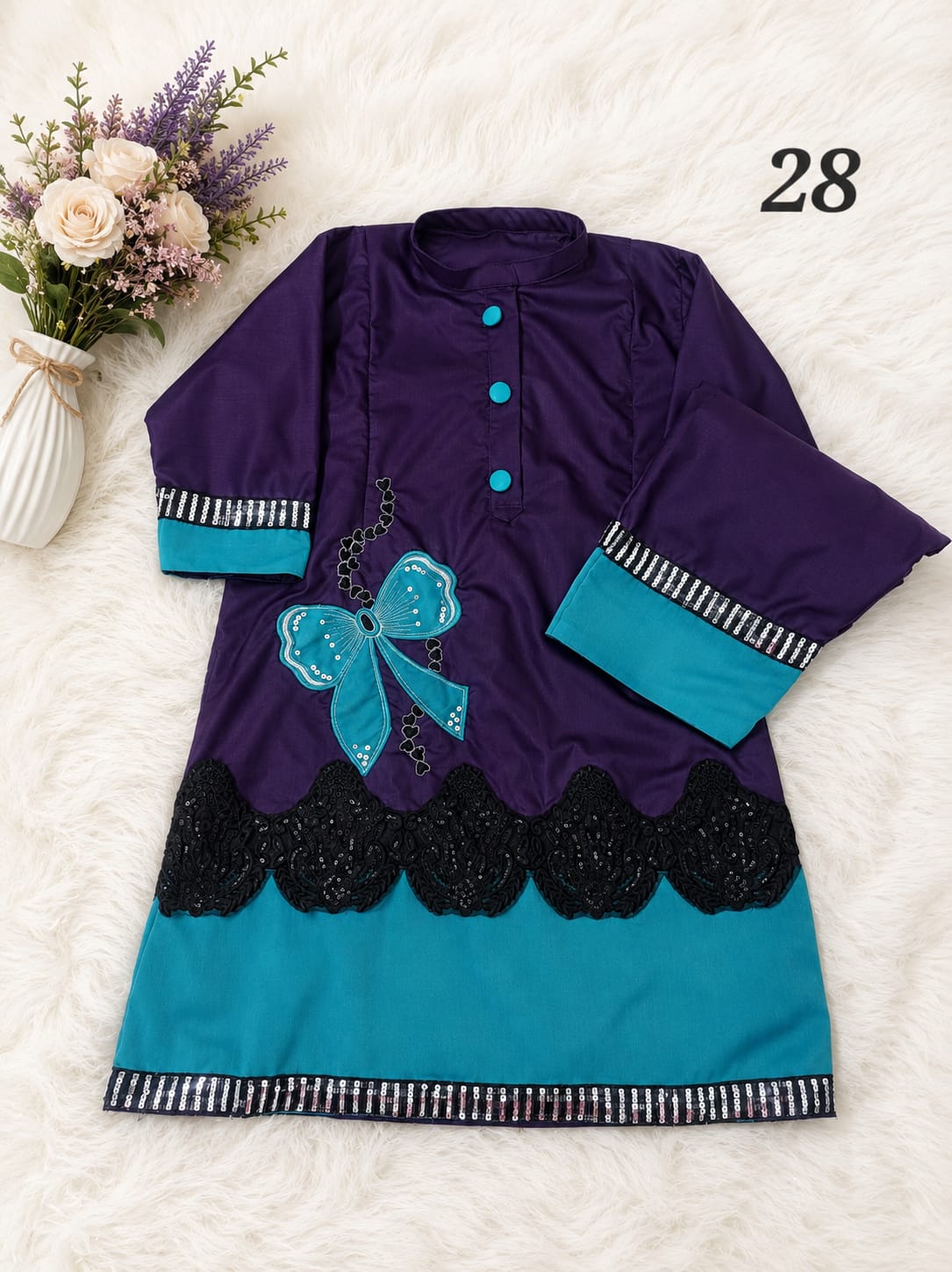 Size28 Deep Purple jhabla Izar with white and blue heart and bow patchwork Size28 Deep Purple jhabla Izar with white and blue heart and bow patchwork
